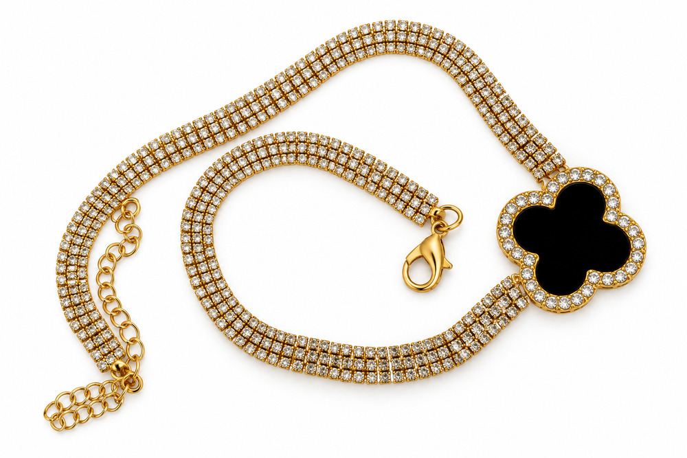 Gold Tone 3-Row Rhinestone Necklace Black Clover Pendant Crystal Fashion Jewelry
